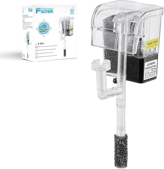 5 Gallon Aquarium Filter with Surface Skimmer, Small Quiet Fish Tank Filter, Biochemical Cotton Filtration & Adjustable Water Flow, Waterfall Design for Increasing Oxygen, Hang on Back Filter