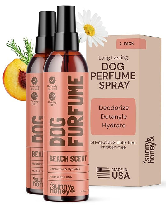 Sunny & Honey Dog Perfume Spray & Cologne - 4 fl oz (2-Pack) - Beach Scent - pH-Balanced, Long-Lasting Deodorizing & Hydrating Detangling Spray with Aloe & Vitamin E - Dog Grooming Supplies