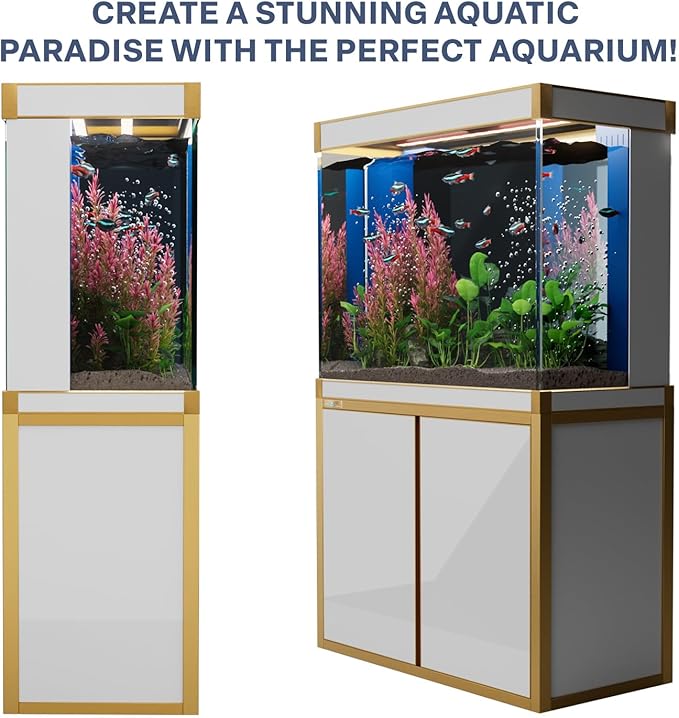 100 Gallon Aquarium Fish Tank with Upright Fishtank Stand Water Pump Freshwater Filter LED Bundle and Straight Corners Clear Glass - White with Gold Trims