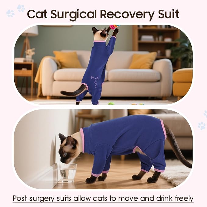 DENTRUN Cat Clothes for Hair Control with Hair Sticky Fabric - Soft Recovery Suit & Breathable Lint-Resistant Cat Sweater for Cats Only, Kitten Onesie Pajamas, L, Blue