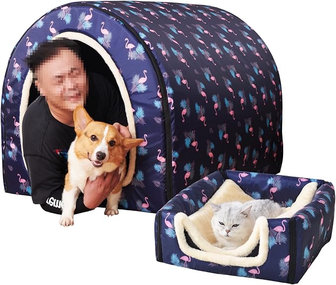 Dog Bed,2 Ways to Use,Indoor Pet House with Fluffy Mat,Removable and Washable Cover,Splash-Proof House and Non-Slip Bottom,for Extra Large Dogs(3XL Flamingo)