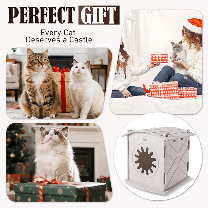 Apasiri Cat Houses for Indoor Cats: Felt Cat House Cave Cathouse, 15x14x15Inch Scratch-Resistant Bed Warm Insulated Covered, Hideaway Tent for Anxiety Relief Gift