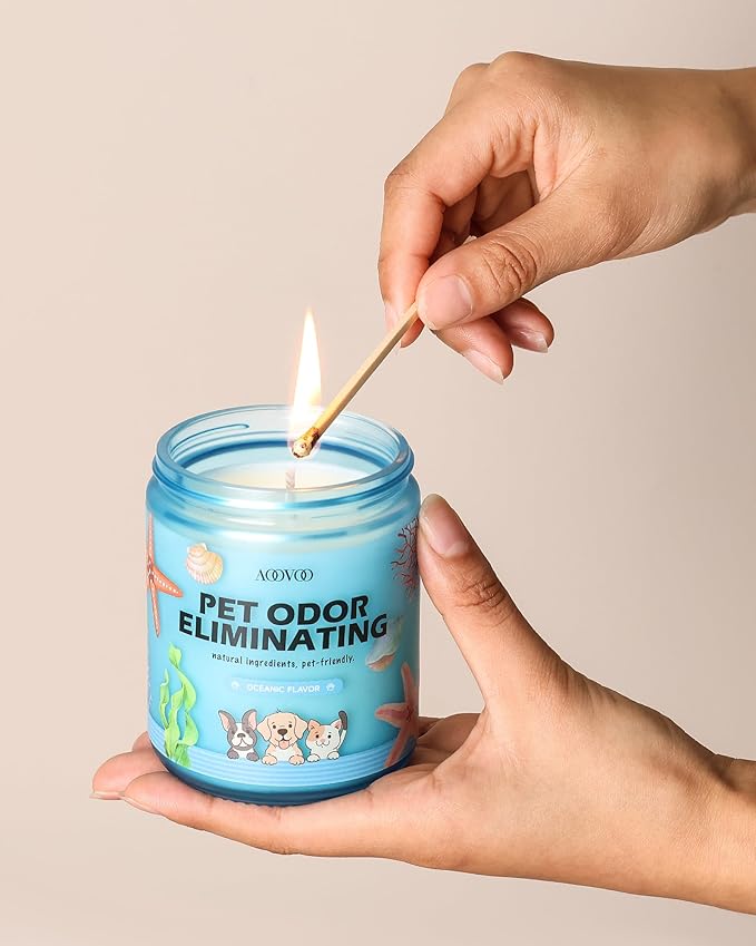 AOOVOO Pet Odor Eliminator Candle - Oceanic Flavor Odor Eliminating Candle, Highly Fragranced Air Freshing Scented Candles, Natural Soy Wax, 9 oz