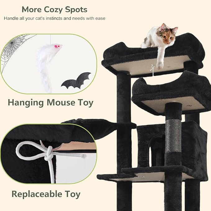 68 Inches Multi-Level Large and Tall Cat Tree Tower for Indoor Cats/Removable Pad/Cat Condo/Sisal Scratching Posts/Hammock/Cat Activity Center/Wide Base Black