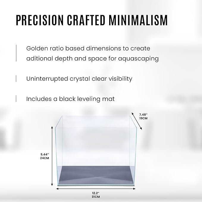 Ultum Nature Systems Ultra Clear Rimless Aquarium - Low Iron Glass Fish Tank with 45° Mitered Edges, 5mm-12mm Thick, Leveling Mat Included (3T, Tall, 3.4 Gallon)