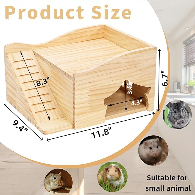 Wood Hamster House, Guinea Pigs Hideout Castle with Stairs and Window, Small Animals Bed Hut Habitats, Ideal for Chinchillas Dwarf Mice Gerbils Playing Hiding, No Installation Required