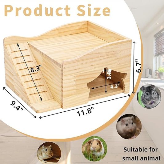 Wood Hamster House, Guinea Pigs Hideout Castle with Stairs and Window, Small Animals Bed Hut Habitats, Ideal for Chinchillas Dwarf Mice Gerbils Playing Hiding, No Installation Required