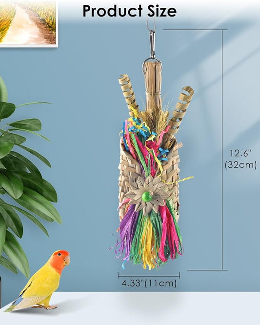 Bissap Bird Chew Toys, Parrot Foraging Shredder Natural Palm Frond Woven Bag Hanging Cage Toy with Chewing Treats for Conure Budgie Cockatiel Cockatoos and Similar Sized Pet Birds