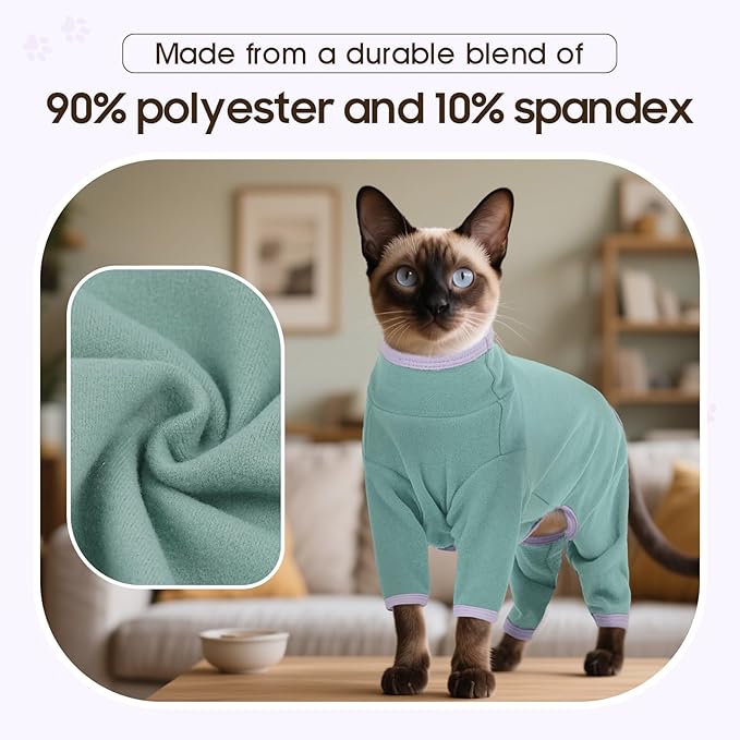 DENTRUN Cat Clothes for Hair Control with Hair Sticky Fabric - Soft Recovery Suit & Breathable Lint-Resistant Cat Sweater for Cats Only, Kitten Onesie Pajamas, L, Bean Green