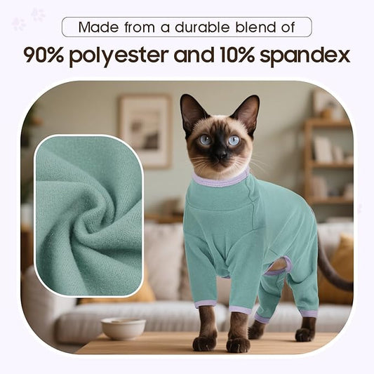 DENTRUN Cat Clothes for Hair Control with Hair Sticky Fabric - Soft Recovery Suit & Breathable Lint-Resistant Cat Sweater for Cats Only, Kitten Onesie Pajamas, XXL, Bean Green