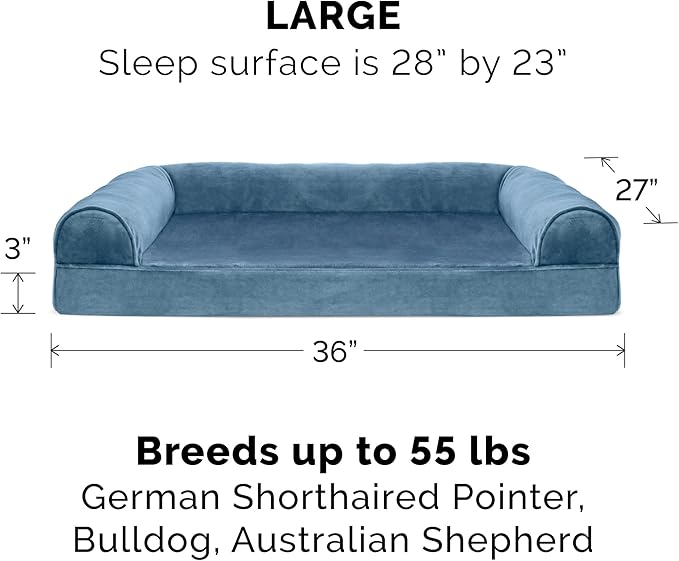 Furhaven Orthopedic Dog Bed for Large/Medium Dogs w/ Removable Bolsters & Washable Cover, For Dogs Up to 55 lbs - Faux Fur & Velvet Sofa - Harbor Blue, Large