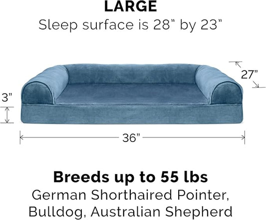 Furhaven Orthopedic Dog Bed for Large/Medium Dogs w/ Removable Bolsters & Washable Cover, For Dogs Up to 55 lbs - Faux Fur & Velvet Sofa - Harbor Blue, Large
