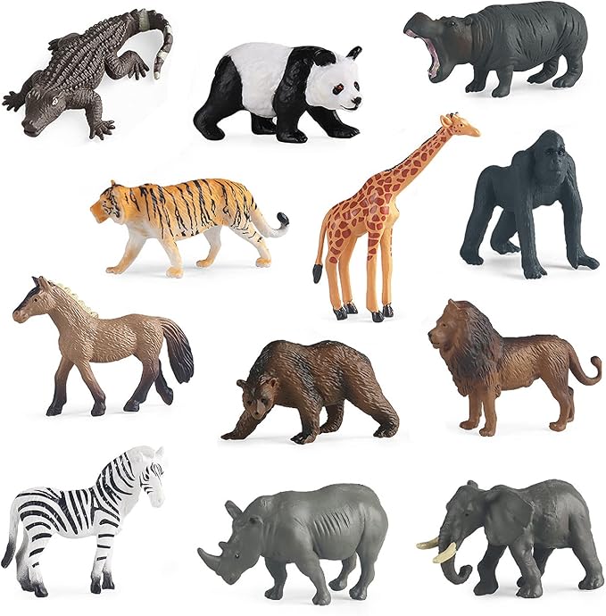 Mini Safari Animal Figures Toy - 12PCS Plastic Tiny Forest Jungle Zoo Will Animal Figurines Cake Toppers Party Favor for Kids