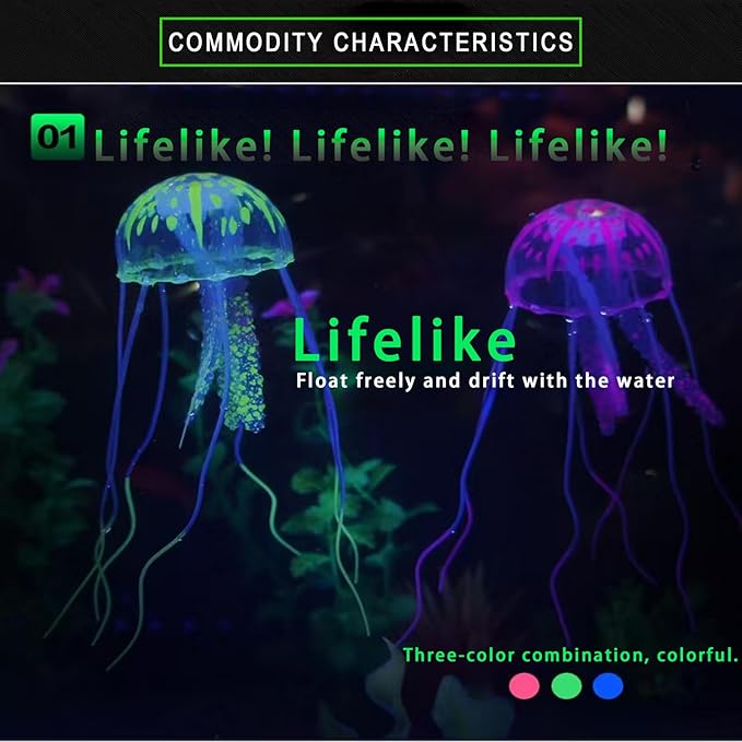 Glowing Aquarium Jellyfish Decoration, Blue, Green, and Red, Plastic Material, Glowing Fish Tank Decoration, Size: 6.5 x 3.5 x 3.5 inches