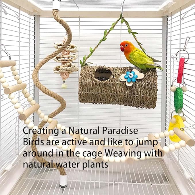 Seagrass Bird House Sea Grass Tent Parrot Tunnel with Holes and Lovely Flower Decor Natural Hanging Hammock Swing Nest Bird Snuggle Hut Toy for Hamster Lovebird Budgie Random Color