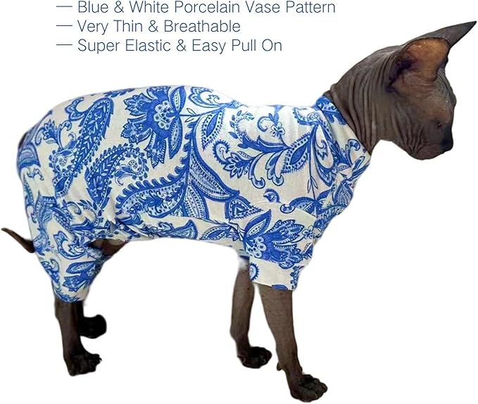 Sphynx Cat Four Leg Cotton Pajamas Elastic Pet Clothes for Hairless Cats Surgery Recovery Suit Undershirt Thermal Clothes for Sphynx, Devon, Cornish (Blue Porcelain, S)