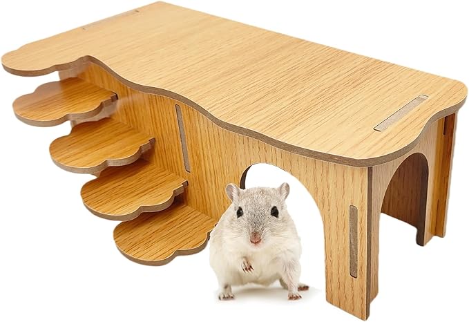 Hamiledyi Hamster Hideout with Ladder Dwarf Hamster Wooden Maze Tunnel Platform Multi Chamber Exploring Toy Habitat Decor for Gerbil Syrian Mouse Small Animal, Brown