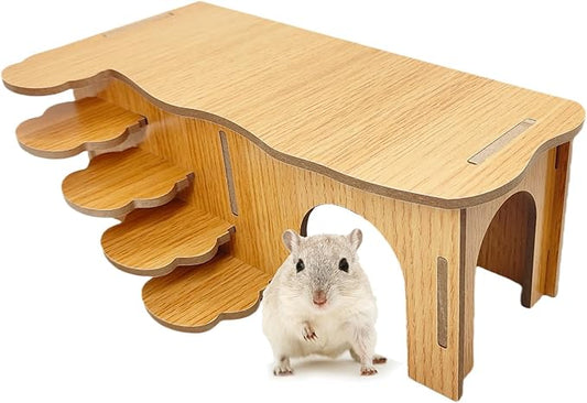 Hamiledyi Hamster Hideout with Ladder Dwarf Hamster Wooden Maze Tunnel Platform Multi Chamber Exploring Toy Habitat Decor for Gerbil Syrian Mouse Small Animal, Brown