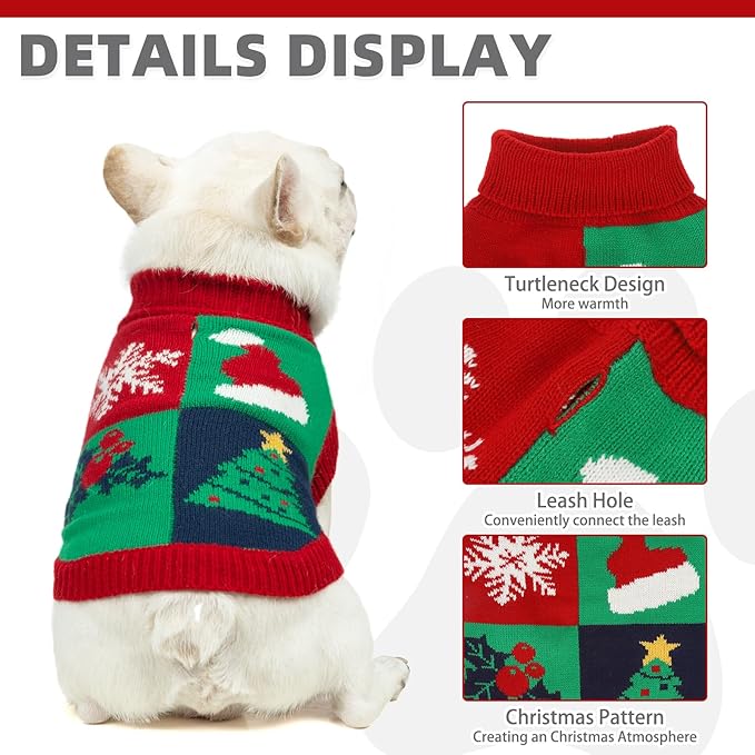 KOOLTAIL Christmas Sweater, Cold Weather Knitted Turtleneck Pullover for Dogs, Red Green Color Design Sweatshirt, Thick Warm Winter Clothes for Small Medium Large Dogs Boys Girls, XL