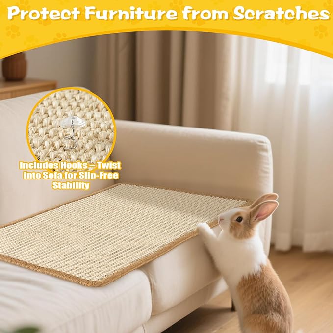 Rabbit Scratcher Mats, 2 Sizes (16x12 & 24x16 Inch), Natural Sisal Bunny Pads for Claws, Chewing & Nesting, Pet Cage Bedding for Rabbits & Small Animals