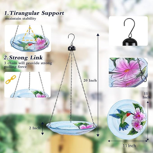 MUMTOP Hanging Bird Baths for Outdoors - Glass Bird Bath, 11 Inch Hanging Bird Bath Hummingbird Bird Feeder Bowl for Outside, Garden, Lawn Yard Decor
