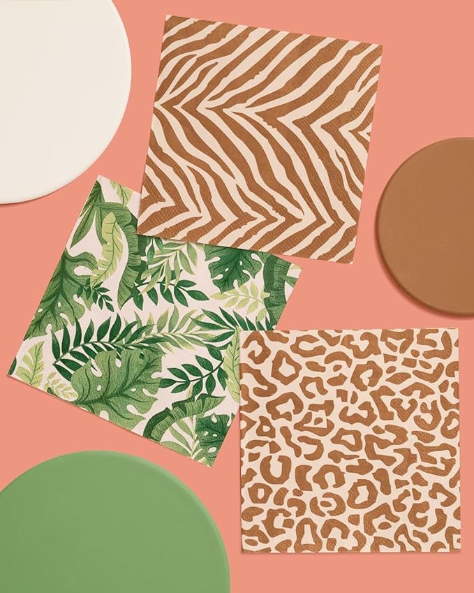 xo, Fetti Animal Print Safari Napkins - 3-ply, 24 pcs | Jungle Cocktail Napkins, Zoo Dinner Party Setting, Kids Wild Birthday Decoration, Rainforest Tablescape