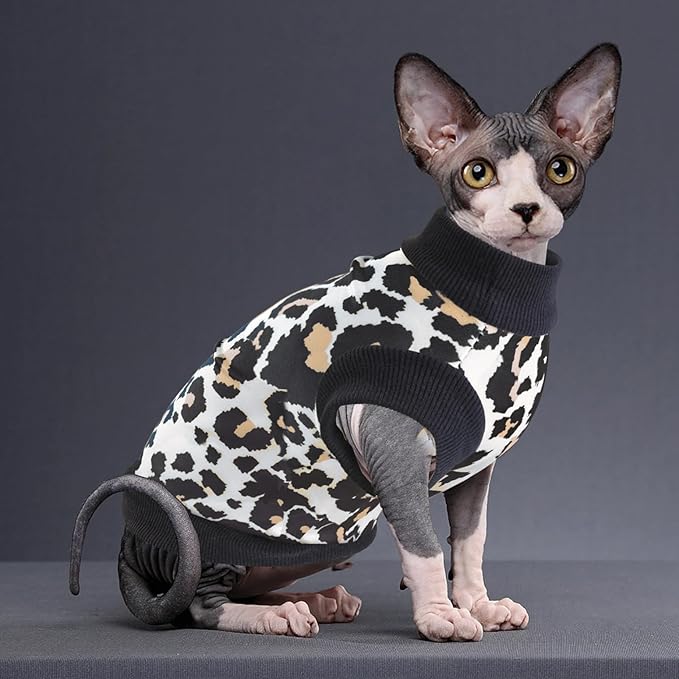 Idepet Cat Clothes Kitten Sweater Soft Kitten Shirt Cute Leopard Print Kitty Vest Pullover Pajamas Jumpsuit Cotton Apparel for Hairless Cats &Puppy (White,M)