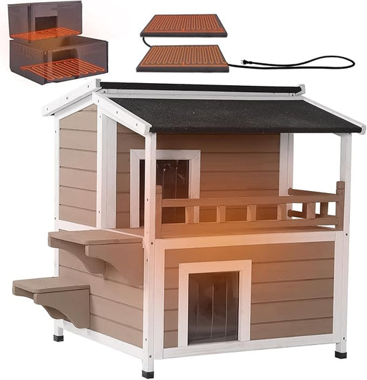 Aivituvin Heated Outdoor Cat House for Outside Insulated Feral Cat Shelter Weatherproof with Heated and Insulated Liner 2 Story（Brown）