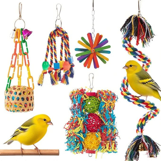 5-Piece Natural Bird Cage Accessories Set - Bamboo Shredding Foraging Toys, Cotton Rope Perch & Wooden Stand for Parrots, Parakeets, Cockatiels, Conures, Lovebirds