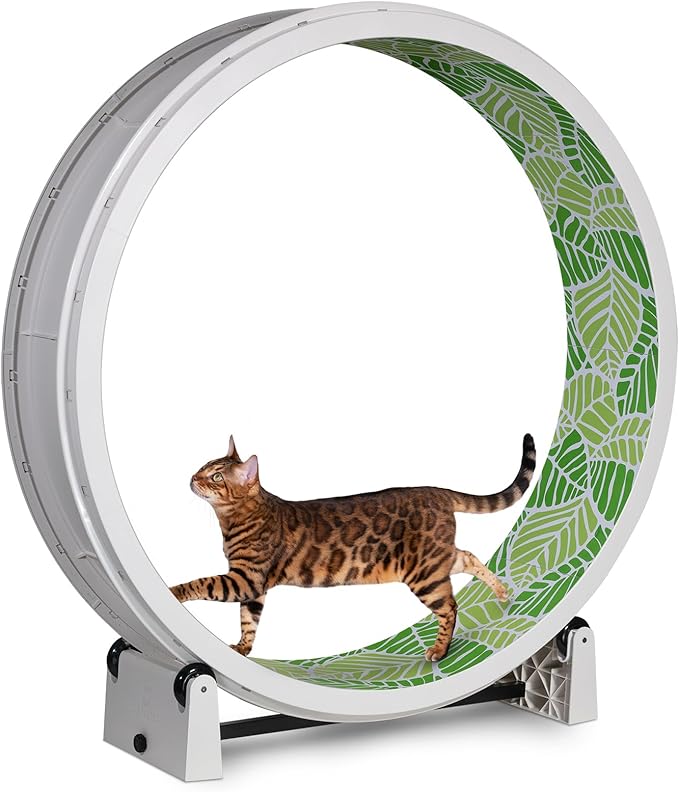 One Fast Cat - Cat Exercise Wheel - Gen. 7 - Safe 48" Diameter - Made in The USA - White Wheel with Jungle Leaves Foam Traction Pads and Light-Up LED Inline Wheels