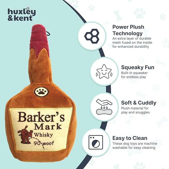 Huxley & Kent Funny Dog Toy w/Squeaker – Power Plush Squeaky Dog Toys for Small, Medium & Large Dogs – Soft Stuffed Animal for Indoor Play & Fetch - Barker's Mark, Small
