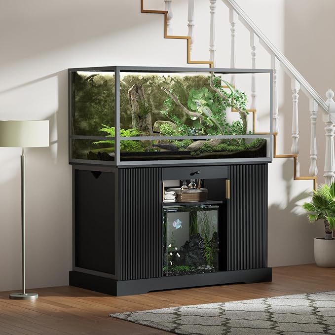 120 Gallon Reptile Tank Stand, Heavy Duty Large Aquarium Stand with Pull-Out Drawer and Double Door Cabinets, Reptile Terrarium Table for Turtle Tanks, Fish Tank Accessories Storage, Black