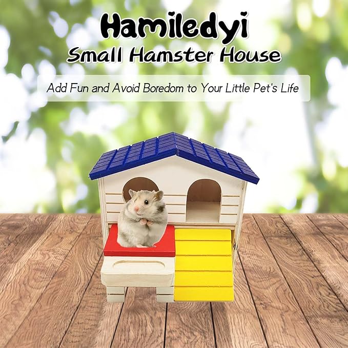 Hamiledyi Pet Small Animal Hideout Hamster House Deluxe Two Layers Wooden Hut Play Toys Chews