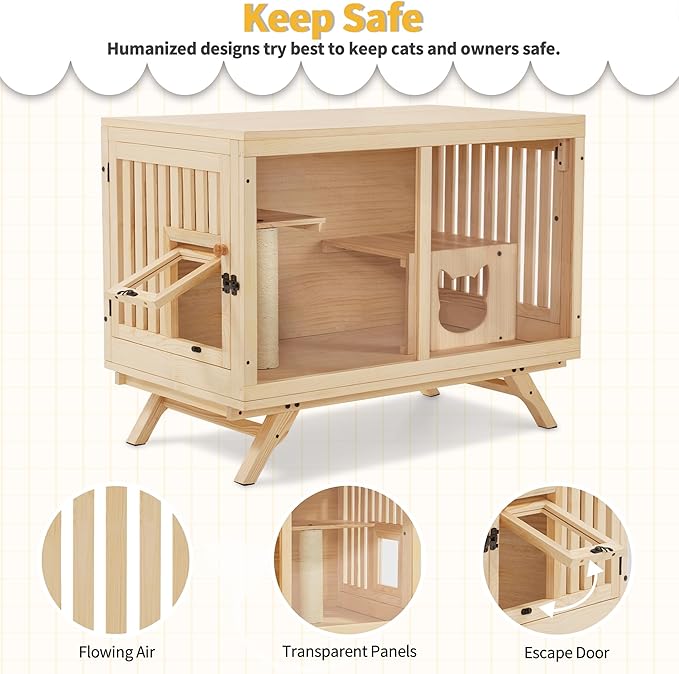 Lovupet Wooden Cat House Villa, TV Shape Luxury Cat Condo with Scratching Post and Escape Door, Kitten Cage Indoor CT55
