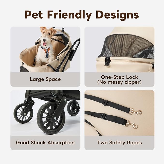 Foldable Pet Stroller,4 Wheels Pet Strolling Cart for Small Dogs Cats up to 44 Lbs, Pet Travel Carrier Strolling Cart with Storage Basket, Portable Dog Cat Stroller with Breathable Mesh, Khaki