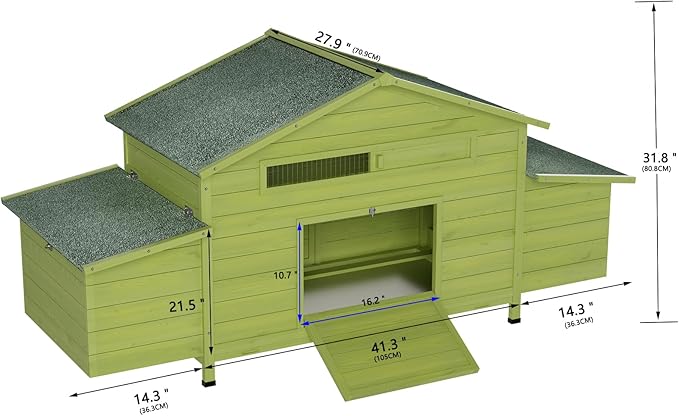 11.12 ft² Large Wooden Chicken Coop with 2 Nesting Boxes & Perch – Outdoor Hen House for 3–4 Chickens, Waterproof Poultry Cage with Free-Range Doors & Predator-Proof Locks Green