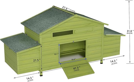 11.12 ft² Large Wooden Chicken Coop with 2 Nesting Boxes & Perch – Outdoor Hen House for 3–4 Chickens, Waterproof Poultry Cage with Free-Range Doors & Predator-Proof Locks Green
