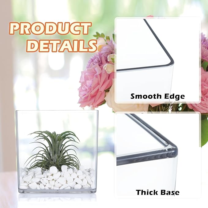 2 Pack Acrylic Cube Vases 4 X 4 Inch, Clear Square Vases, Shatterproof Flower Vase Decorative Centerpiece for Home, Wedding