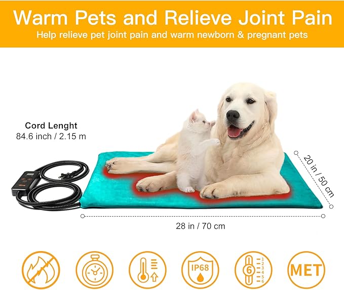 Toozey Dog Cat Heating Pad, 6 Temp Settings Timer, Chew-Proof Cord, 28x20in, Green