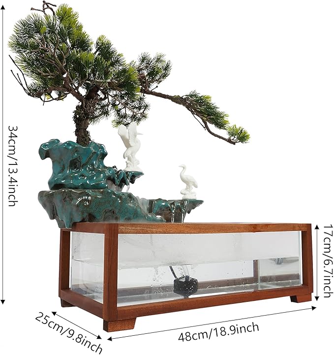 Antique-Style Tabletop Water Fountain with Fish Tank & Atomizer - Desktop Decor with Crane Statues, Simulated Pine, LED Light & Feng Shui Symbolism for Indoor Home/Office Decoration