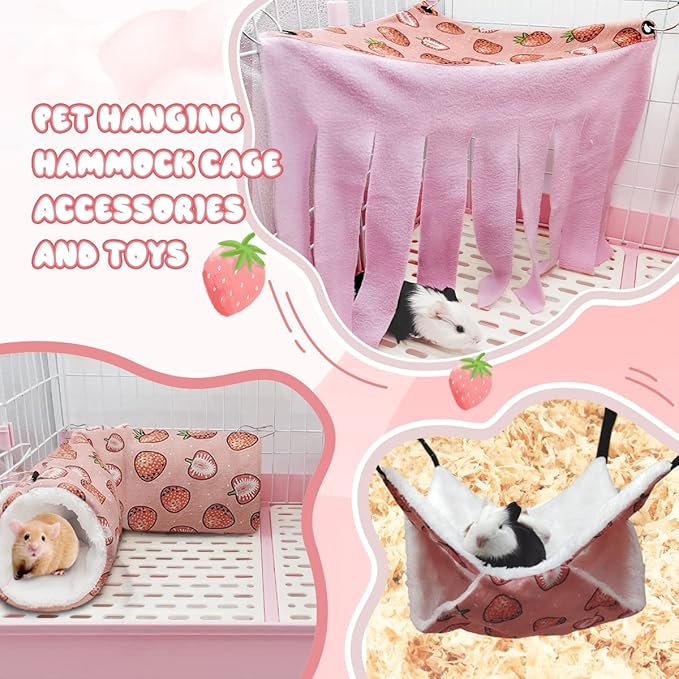 LYART Guinea Pig Rat Ferret Hammock and Warm Bed Small Pet Hideout Tunnel Cave Hanging Bunkbed Hammock Cage Toy for Hamster Sugar Glider Squirrel (2.Hammock & Hideout)
