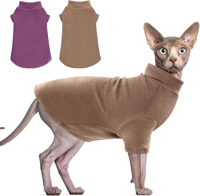 Idepet Sphynx Cats Sweater 2 Pack,Turtleneck Hairless Cat Shirt Soft and Warm Kitten Clothes with Sleeves Pullover Pet Winter Pajamas Jumpsuit for Cat Puppy (Purple&Brown, X-Large)