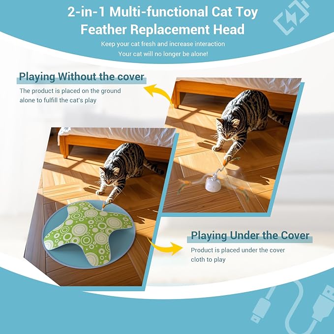 Interactive Cat Toy, 2-in-1 Automatic Cat Toys with Hide/Seek Mode, Moving Concealed Feathers, Two Speed Adjustable & Smart Touch Wake Up - Kitten Play for Indoor Cats (Green)