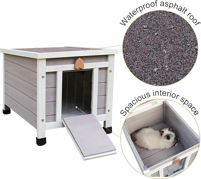 Deblue Weatherproof Cat House for Outdoor Cats, Wooden Small Pet House Outside, Feral Cat Shelter with Elevated Floor and Lockable Door - Grey