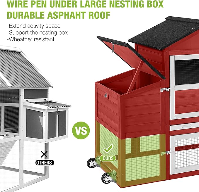 GUTINNEEN Chicken Coop Mobile Chicken House with Wheels Expandable Wooden Hen House 80.7" Outdoor Rabbit Hutch Movable with Large Nesting Box for 2-4 Chickens (Red)