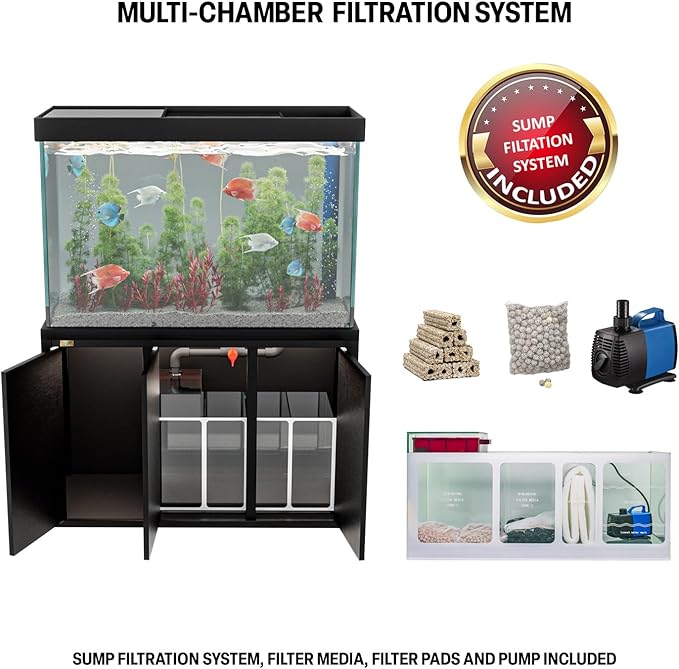 135 Gallon Aquarium Fish Tank with Upright Fishtank Stand Water Pump Freshwater Filter LED Bundle and Straight Corners Clear Glass - All Black