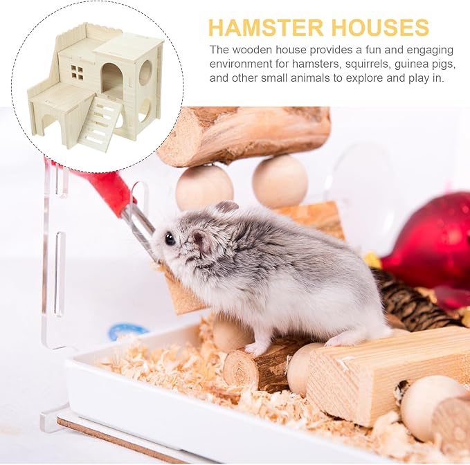 LOGOFUN Wooden Hamster Hideout Castle Multi-Chamber Hide Hut with Climbing Ladder for Chinchillas Guinea Pigs Small Pet Cage Accessories - 6 * 5 * 5in