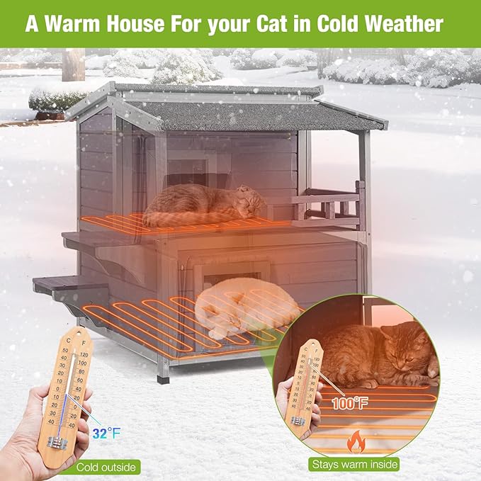 GUTINNEEN Heated Cat House for Outside, 2-Story Wooden Cat House Weatherproof for Winter Outdoor Feral Cat Shelter with Heater and Insulated Liner