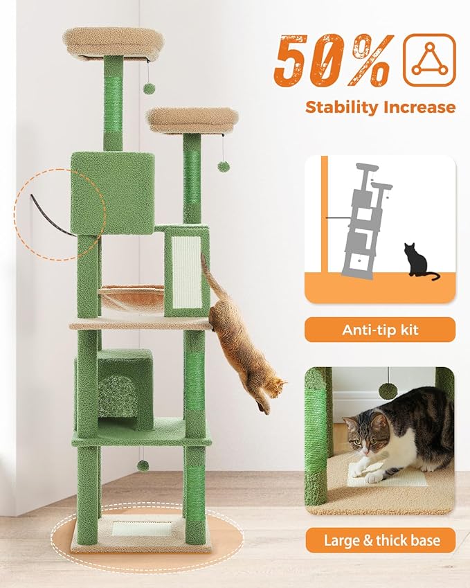 Cactus Cat Tree, 70.9" Tall Cat Tree for Indoor Cats, Large Cat Tree for Large Cats, Multi-Level Tall Cat Tower with 6 Scratching Posts, 2 Cat Condos, 2 Perches, Large Hammock, Pompoms, Green