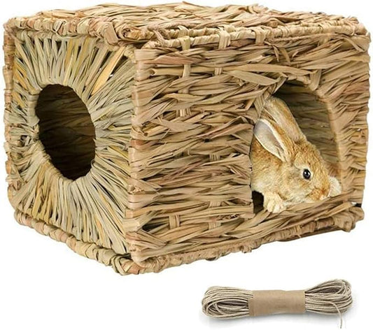 Rabbit Grass House - Natural Hand Woven Seagrass Play Hay Bed, Hideaway Hut Toy for Bunny Hamster Guinea Pig Chinchilla Ferret